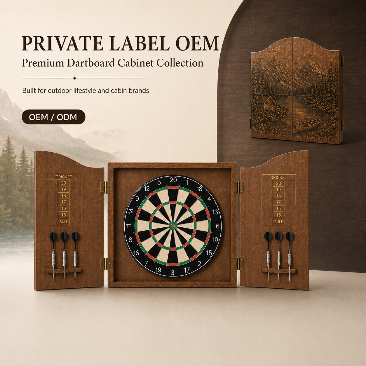 Private label wooden dartboard cabinet set – hero image