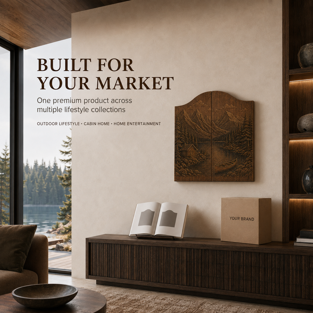 Wood-finish dartboard cabinet in cabin home and lifestyle setting